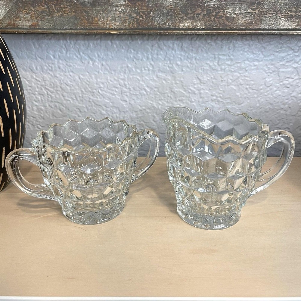 Vintage Fostoria American Cubist Pattern Clear Glass L Open Creamer & Sugar Set